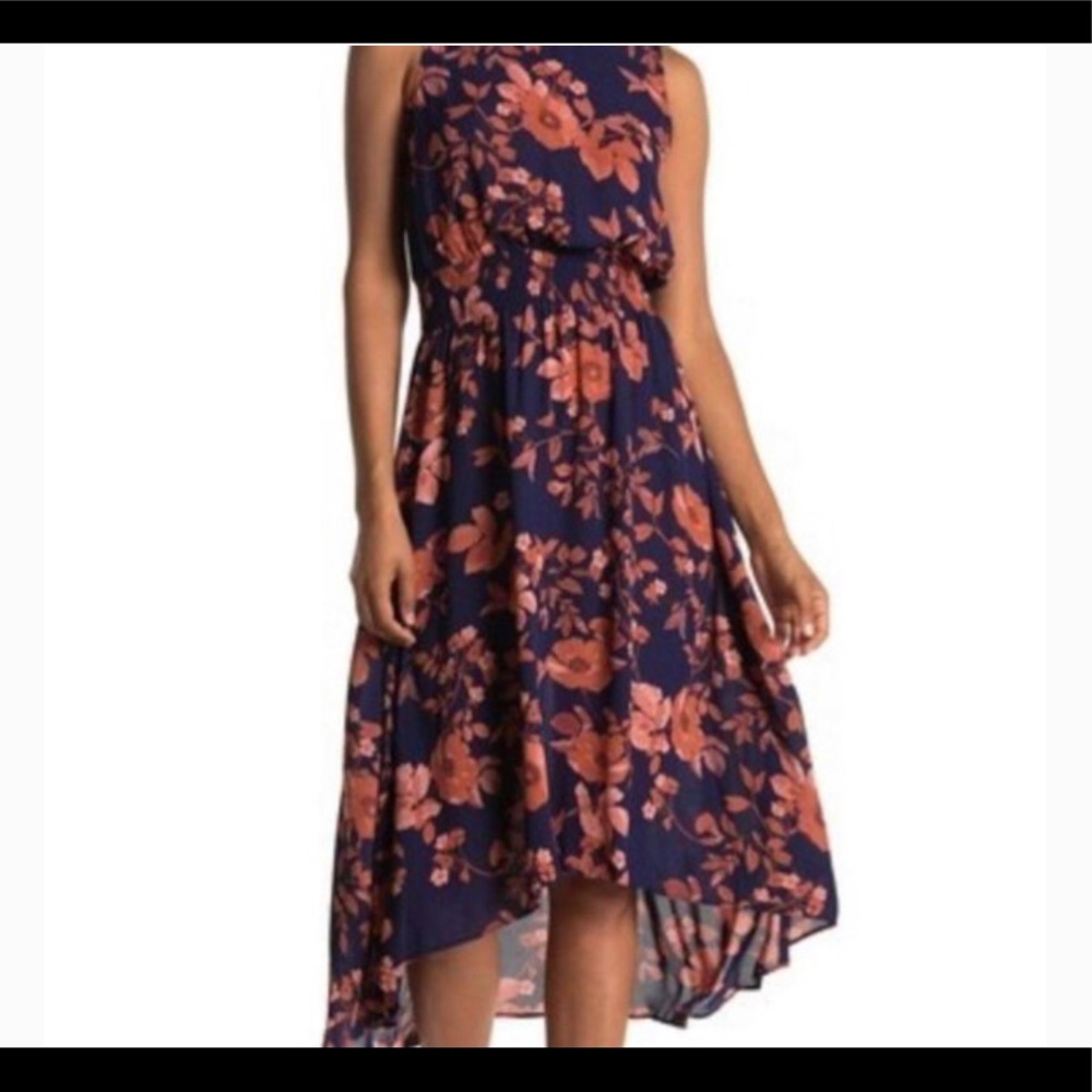 Nanette Lepore Smocked Navy Floral Hi Lo Dress 8